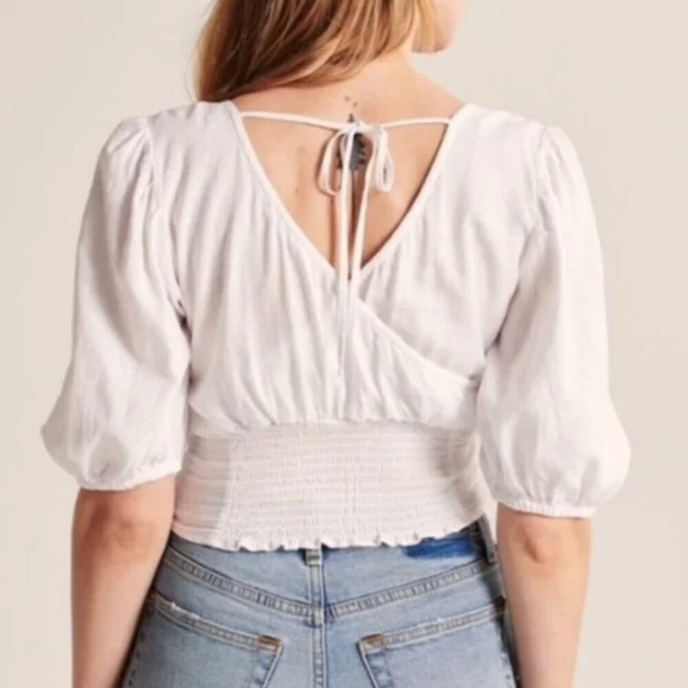 Abercrombie & Fitch Striped Linen Wrap Crop Top | Puff Sleeve | Smocked Back | S - Picture 5 of 12